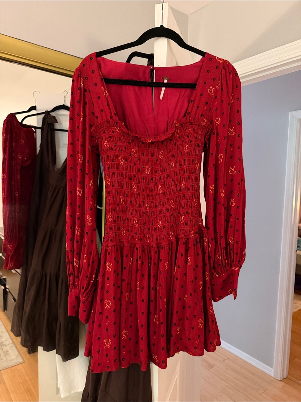 Free People Red Long-Sleeve Smocked Mini Dress with Floral Print